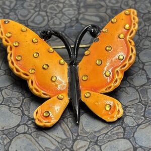 Vintage Signed HAR Hargo Butterfly Brooch Pin  Orange Enamel Rhinestone
